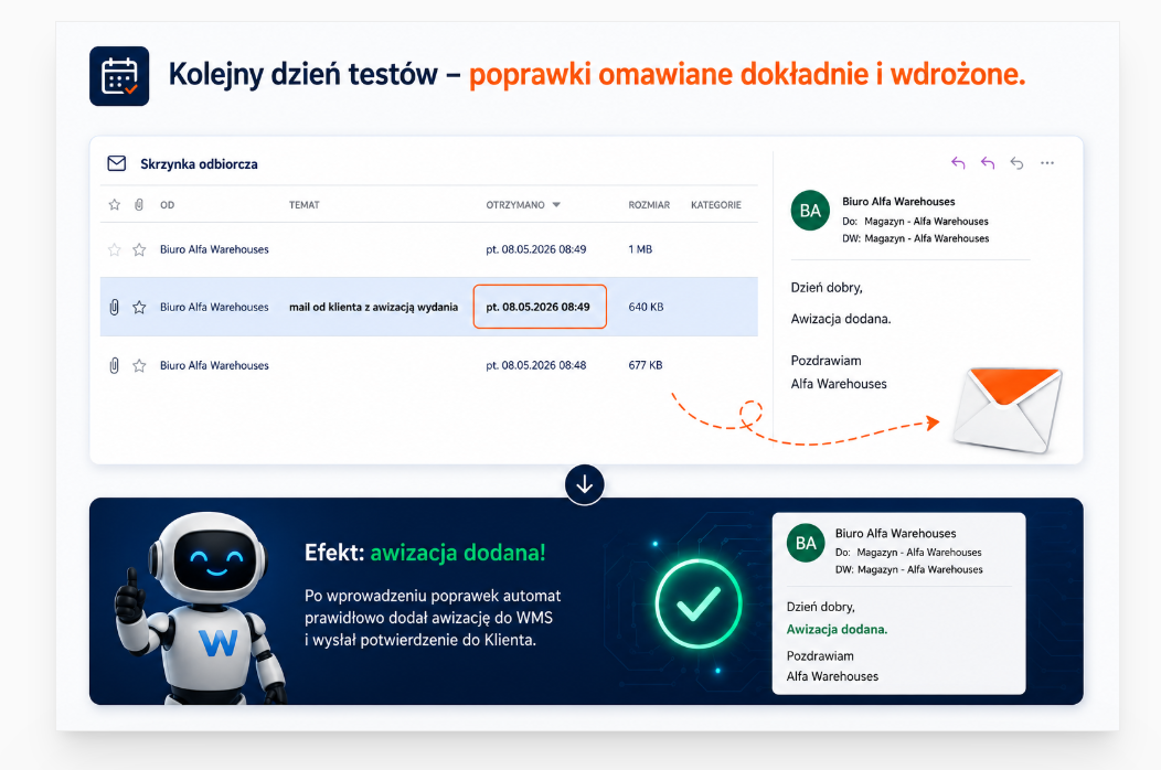 Pierwszy dzien testow - pierwsza awizacja